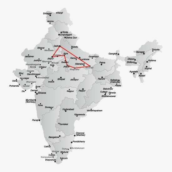 De route van 'De gouden driehoek met Khajuraho en Varanasi budgetreis'<br>